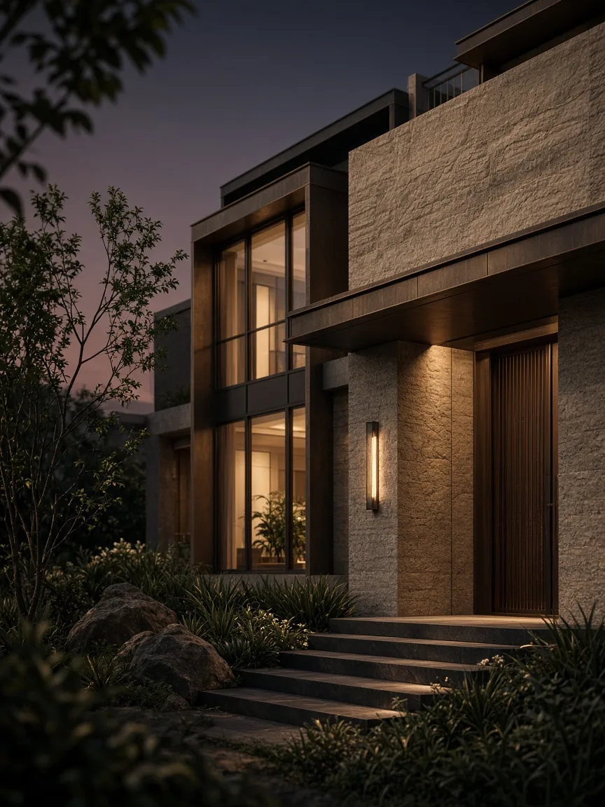 Contemporary residence illuminated at dusk