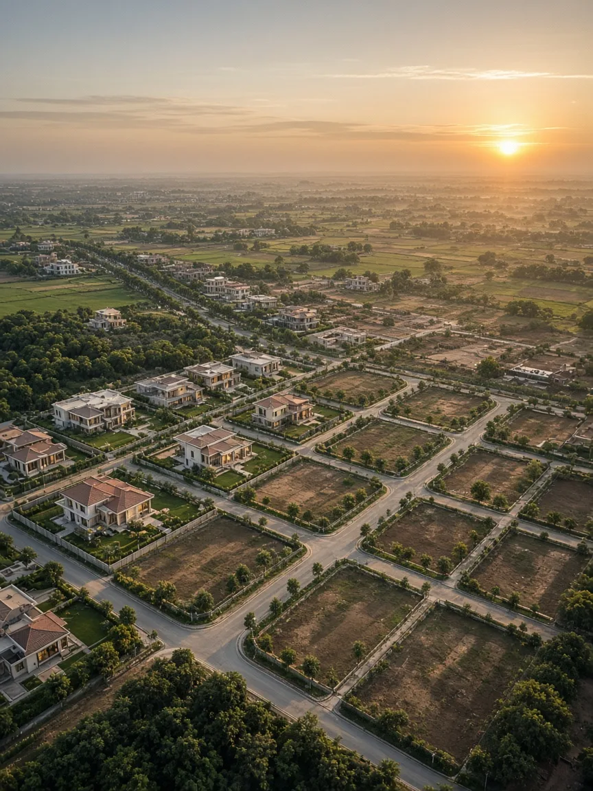 Aerial view of a planned low-density community at sunset