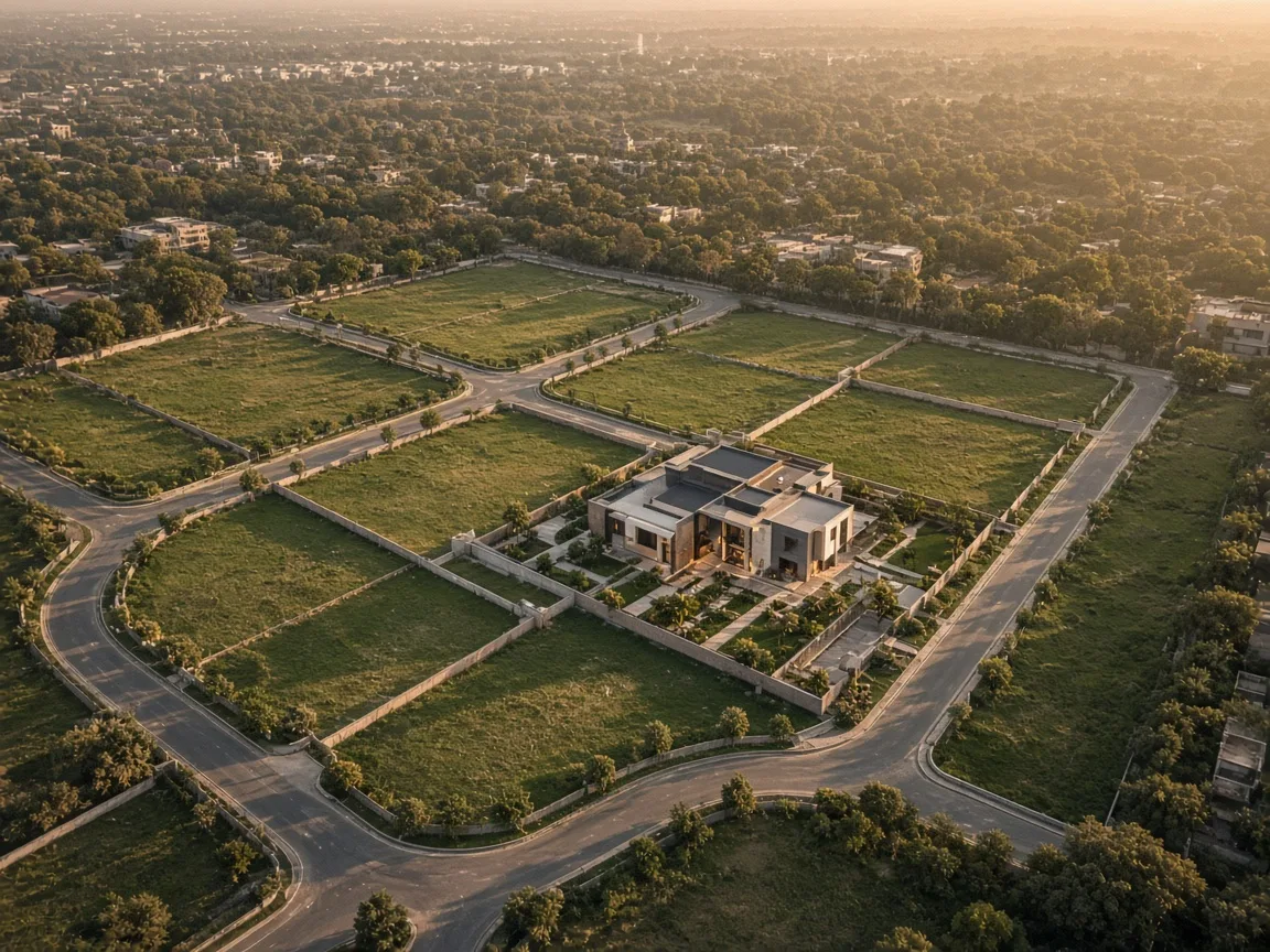 Aerial view of plotted land and a low-density residence