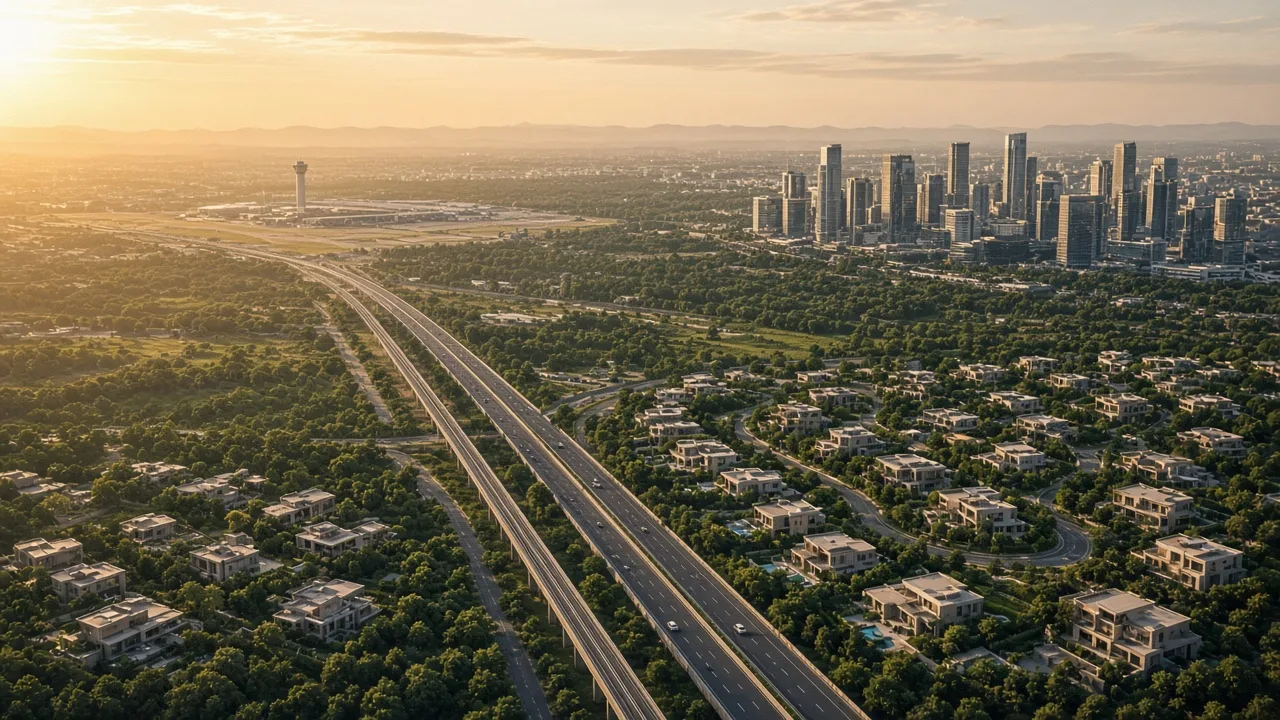 Urban growth corridor with transport infrastructure, residences and commercial districts